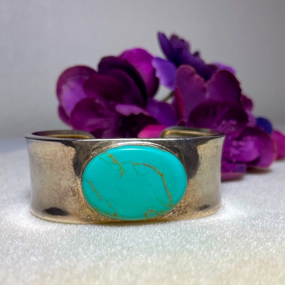 Brass Navajo Cuff Bracelet W/ Turquoise Oval Stone Gem